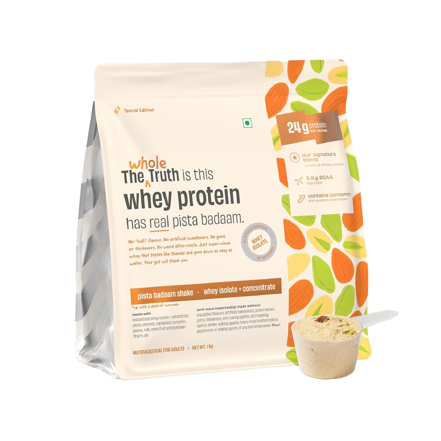 The Whole Truth Whey Protein Isolate + Concentrate - 1kg | Pista Badaam Shake | Svesto Verified
