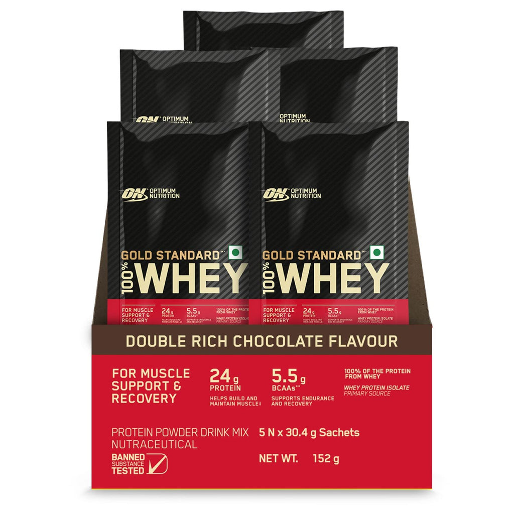 Optimum Nutrition (ON) Gold Standard 100% Whey Protein - 5 Trial Sachets (152g) | Double Rich Chocolate | Svesto Verified