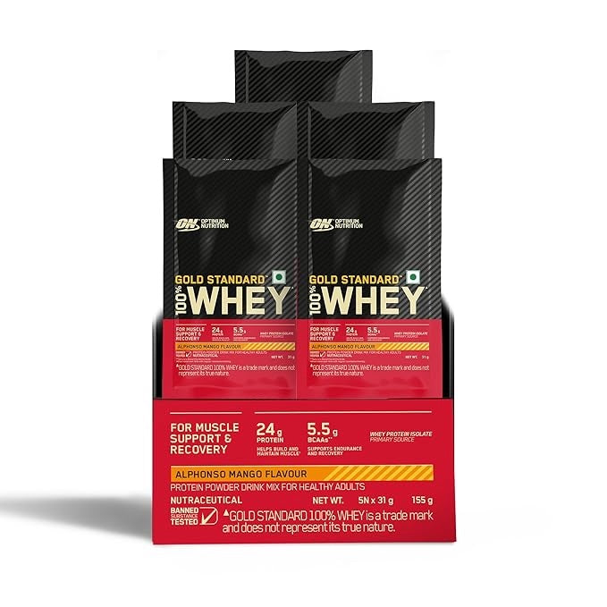 Optimum Nutrition (ON) Gold Standard 100% Whey Protein - 5 Trial Sachets (155g) | Alphonso Mango | Svesto Verified