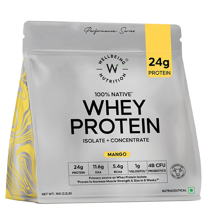 Wellbeing Nutrition Whey Protein Isolate + Concentrate | 1kg | Mango | Svesto Verified