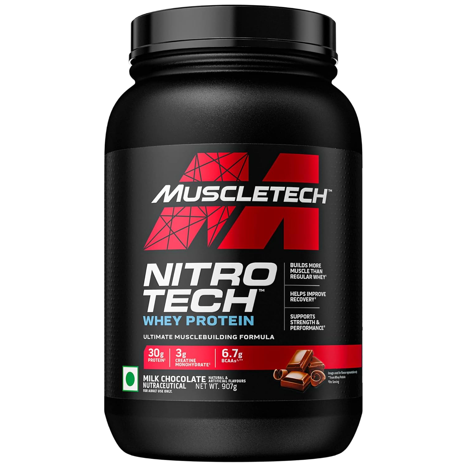 MuscleTech Nitro-Tech Whey Protein | Milk Chocolate (2lbs / 907g) | Svesto Verified
