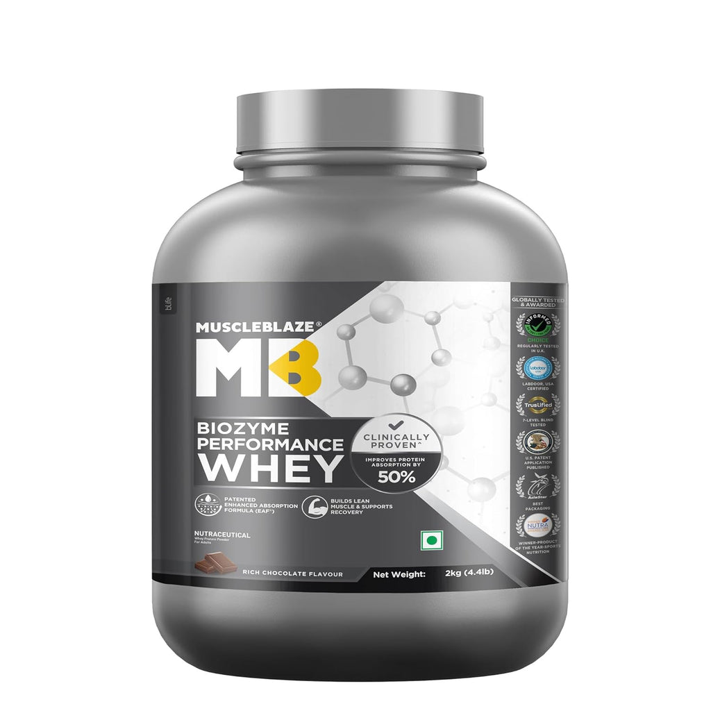 MuscleBlaze Biozyme Performance Whey | Rich Chocolate (2kg) | Svesto Verified