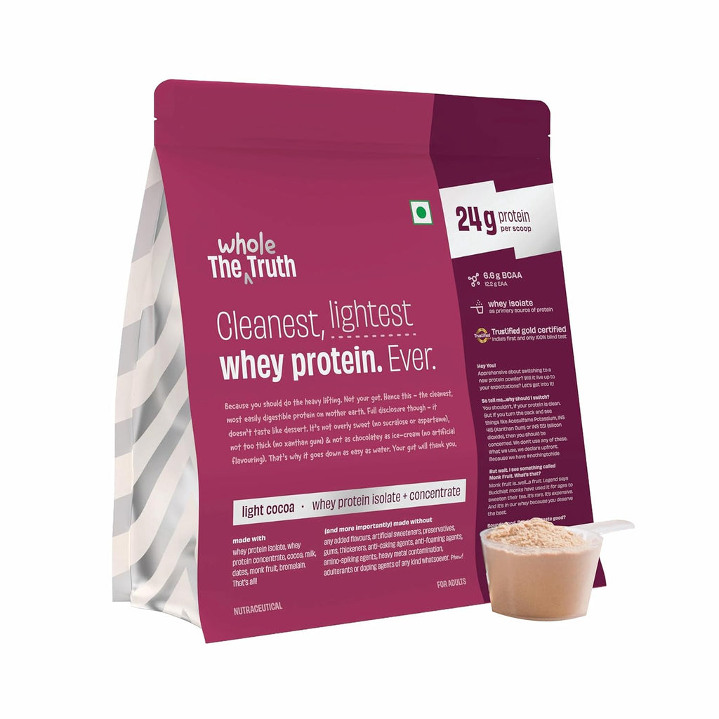 The Whole Truth Whey Protein Isolate + Concentrate | Light Cocoa (1 kg) | Svesto Verified