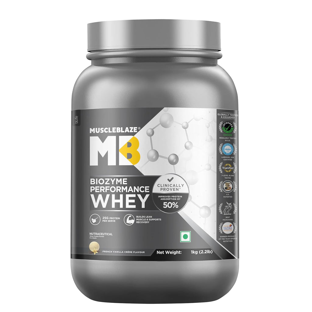 MuscleBlaze Biozyme Performance Whey Protein - 1kg (2.2 lb) | French Vanilla Creme | Svesto Verified