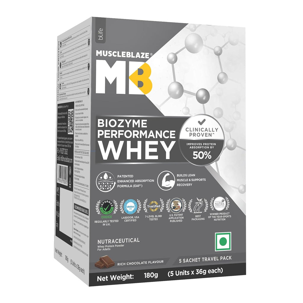 MuscleBlaze Biozyme Performance Whey | Single Trial Sachet (36g) | Rich Chocolate | Svesto Verified