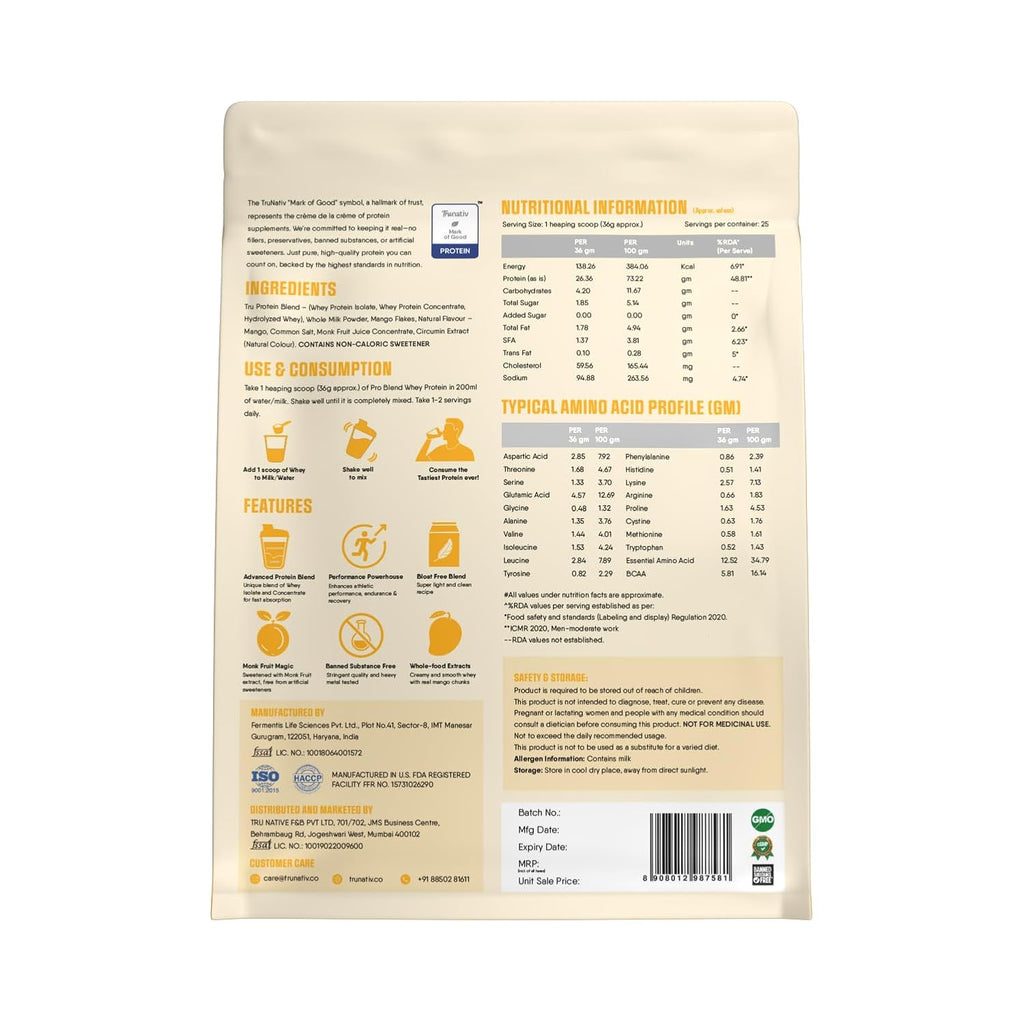TruNativ Pro Blend Whey Protein | 907g (2 lbs) | Mango | Svesto Verified
