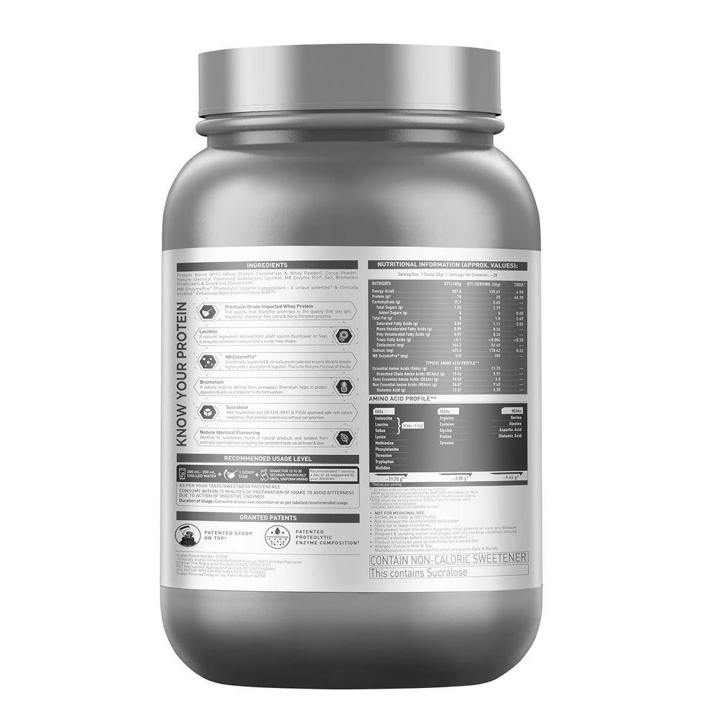 MuscleBlaze Biozyme Performance Whey | Rich Chocolate (1 kg) | Svesto Verified