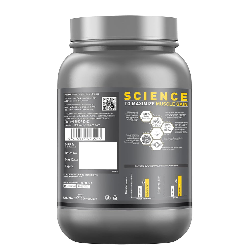 MuscleBlaze Biozyme Performance Whey Protein - 1kg (2.2 lb) | Magical Mango | Svesto Verified
