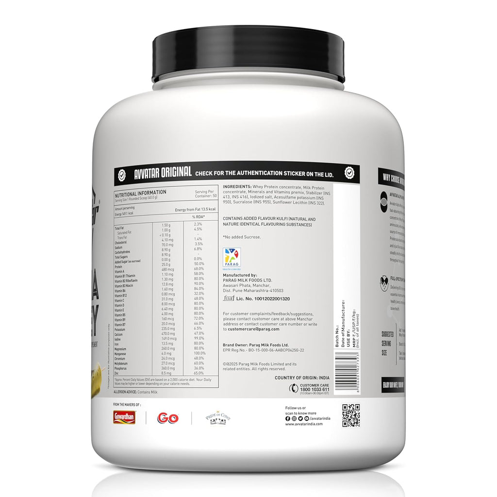 Avvatar ALPHA Whey Protein - 2kg (4.4 lb) | Malai Kulfi | Svesto Verified