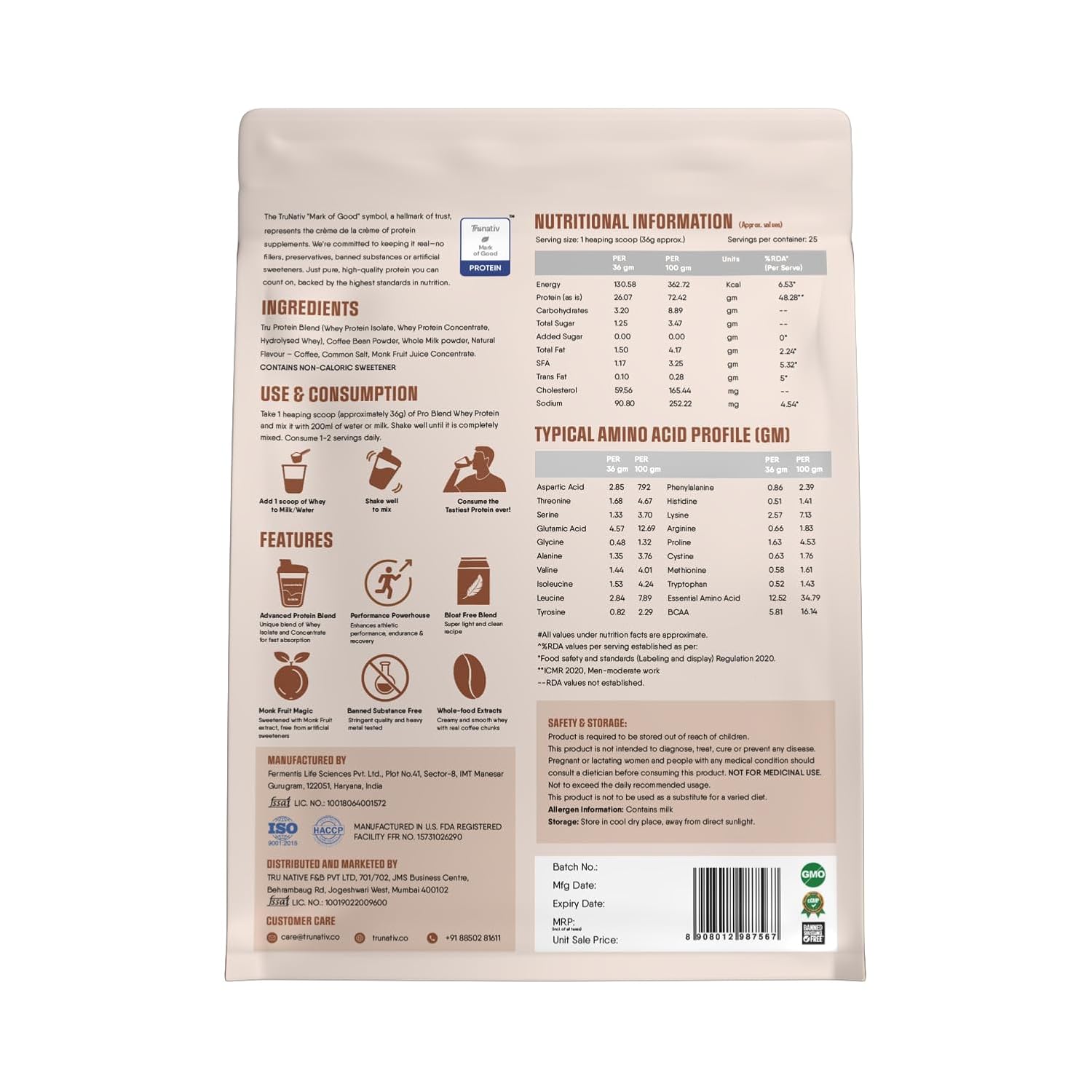 TruNativ Pro Blend Whey Protein | 907g (2 lbs) | Coffee Mocha | Svesto Verified