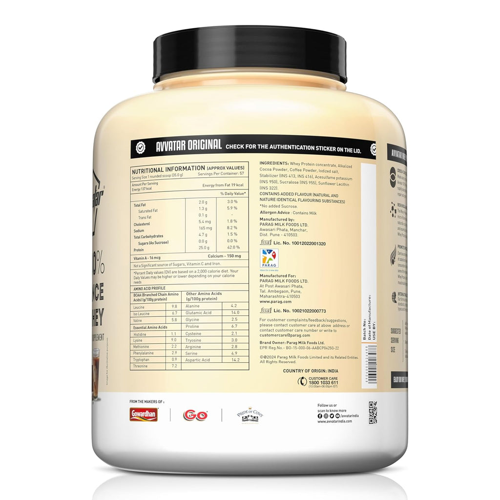 Avvatar 100% Performance Whey Protein - 2kg (4.4 lb) | Cold Coffee | Svesto Verified