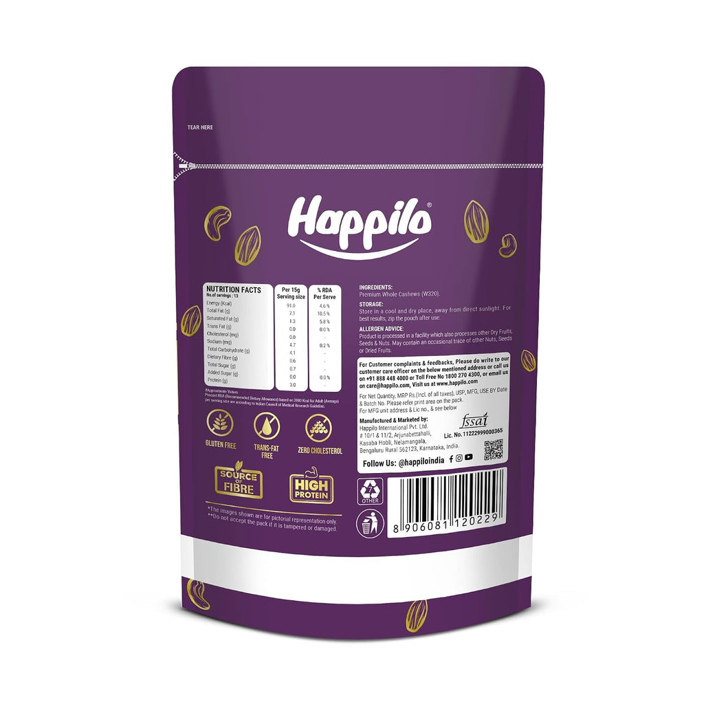 Happilo Premium Natural Whole Cashews 200g Value Pack | Dry Fruits, Kaju, Healthy Snacks | Unsalted Cashew Nuts | Crunchy, Nutritious & Delicious Nuts | Rich in Protein, Magnesium &amp; Phosphorus | Svesto Verified