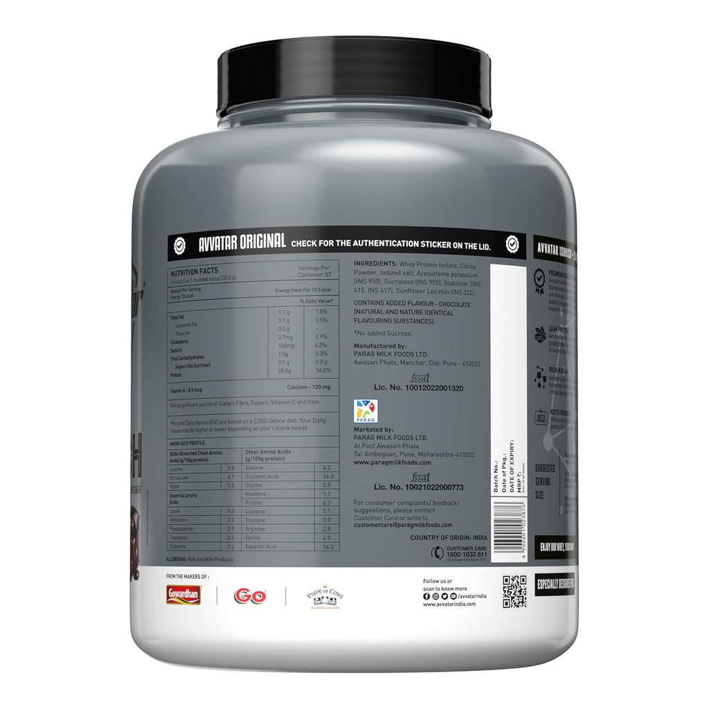 Avvatar ISORICH Whey Protein Isolate - 2kg (4.4 lb) | Belgian Chocolate | Svesto Verified