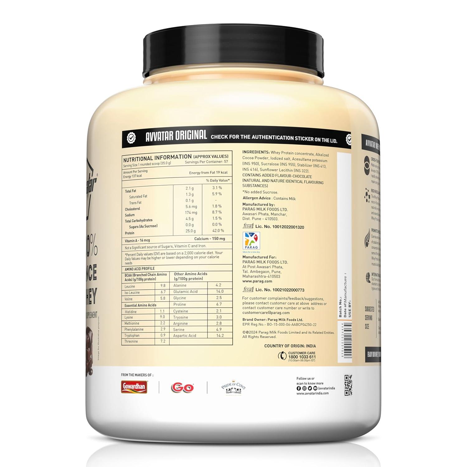 Avvatar 100% Performance Whey Protein - 2kg (4.4 lb) | Belgian Chocolate | Svesto Verified
