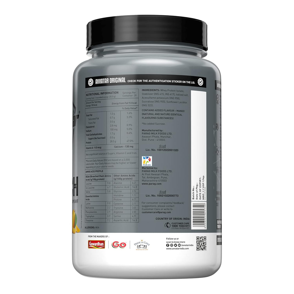 Avvatar ISORICH Whey Protein Isolate - 1kg (2.2 lb) | Mango Rush | Svesto Verified