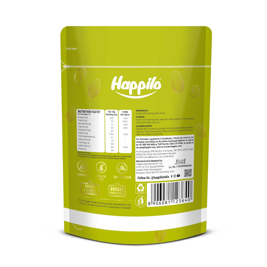 Happilo Premium Californian Roasted & Salted Pistachios 500g | Pista Dry Fruit | Rich In Protein, Phosphorus | Dietary Fibre, Premium Nuts & Dry Fruits | Shelled Nuts, Crunchy | Delicious Healthy Snack | Svesto Verified