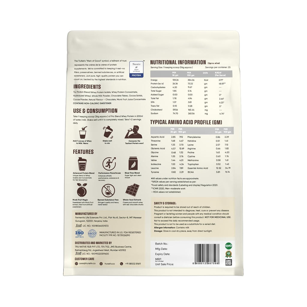 TruNativ Pro Blend Whey Protein | 907g (2 lbs) | Choco Crunch | Svesto Verified