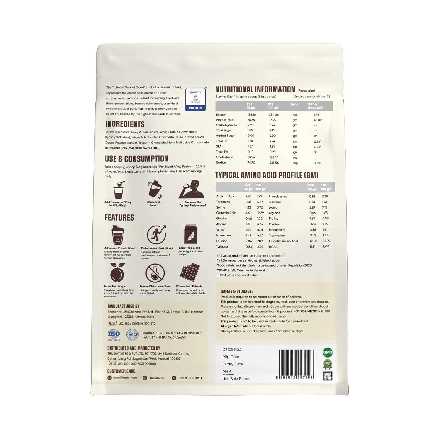 TruNativ Pro Blend Whey Protein | 907g (2 lbs) | Choco Crunch | Svesto Verified