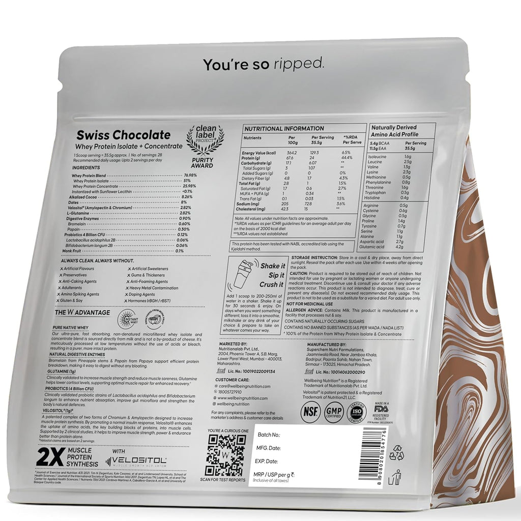 Wellbeing Nutrition Whey Protein Isolate + Concentrate | 1kg | Swiss Chocolate | Svesto Verified