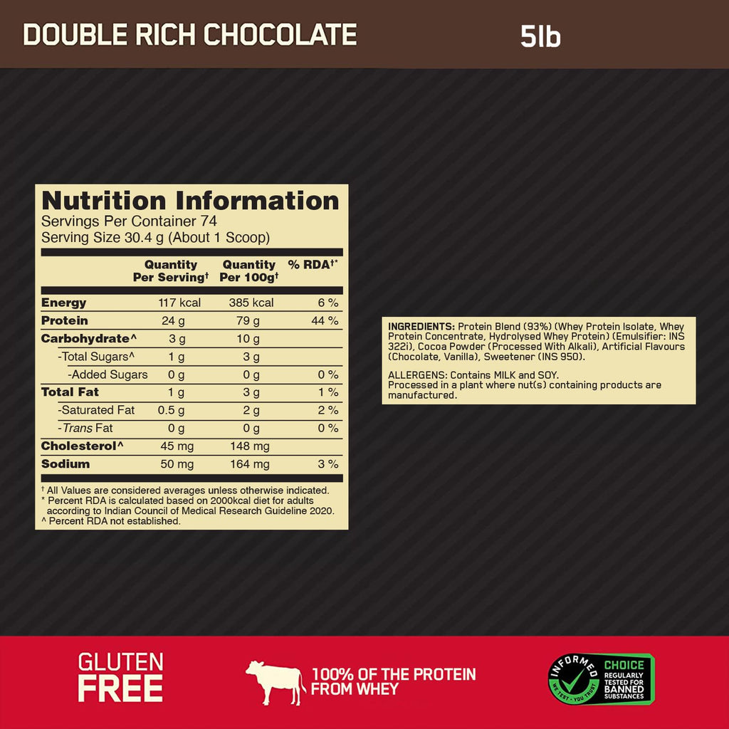 Optimum Nutrition (ON) Gold Standard 100% Whey | Double Rich Chocolate (5lbs / 2.27kg) | Svesto Verified