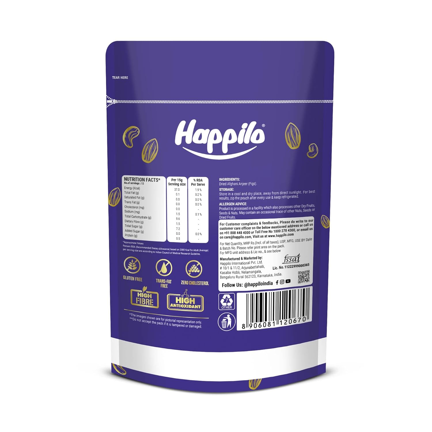 Happilo Premium Dried Afghani Anjeer 200g I Low in Fat | Dry Fruits in Fresh | Healthy Snacks I Rich Source of Vitamins Dietary Fiber | Dry Figs | Svesto Verified