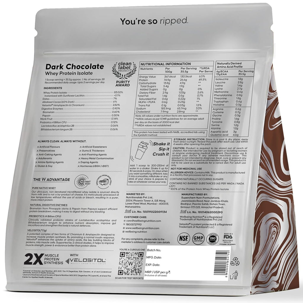 Wellbeing Nutrition Clean Whey Protein Isolate | Dark Chocolate (1kg) | Svesto Verified