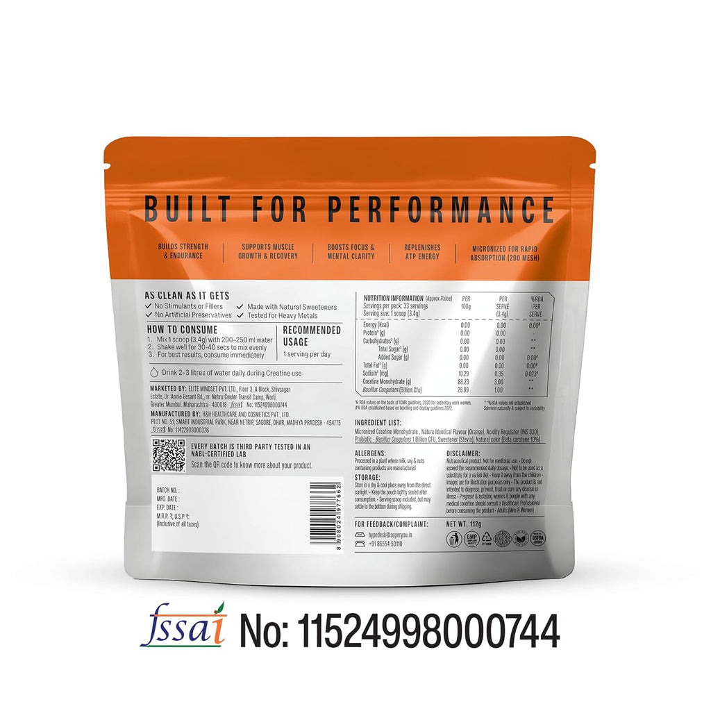 SuperYou Pro Micronised Creatine Monohydrate | 112g (33 Servings) | Orange Kick | Svesto Verified