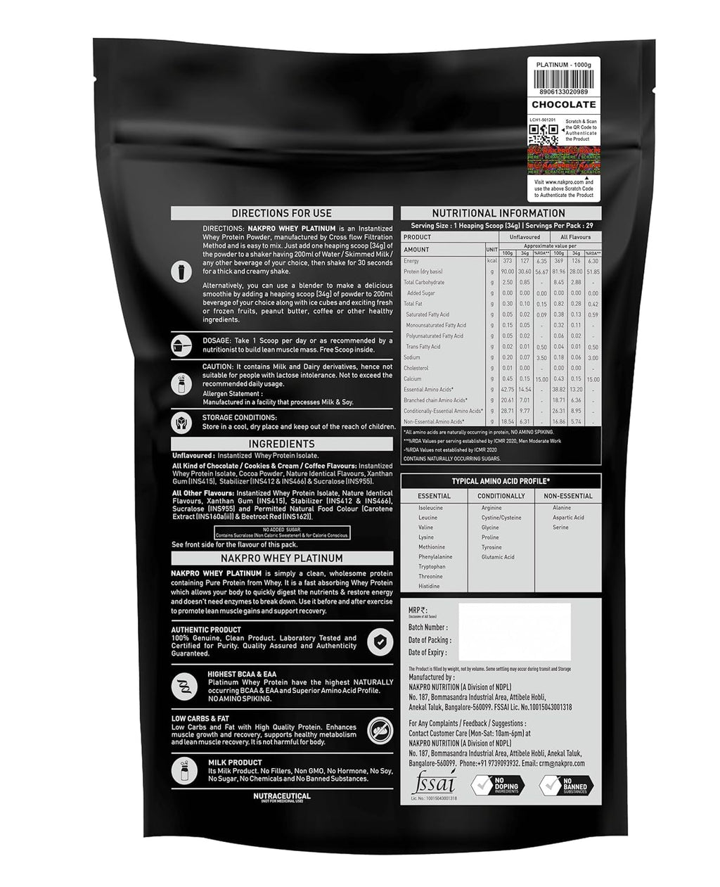 NAKPRO Platinum 100% Whey Protein Isolate - 1kg (2.2 lb) | Chocolate | Svesto Verified