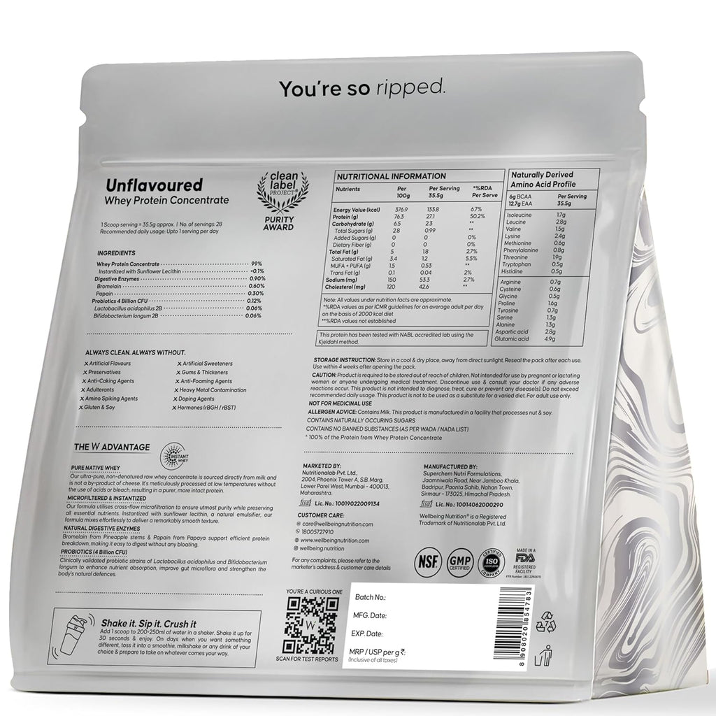 Wellbeing Nutrition Clean Whey Protein Concentrate | Unflavoured (1kg) | Svesto Verified