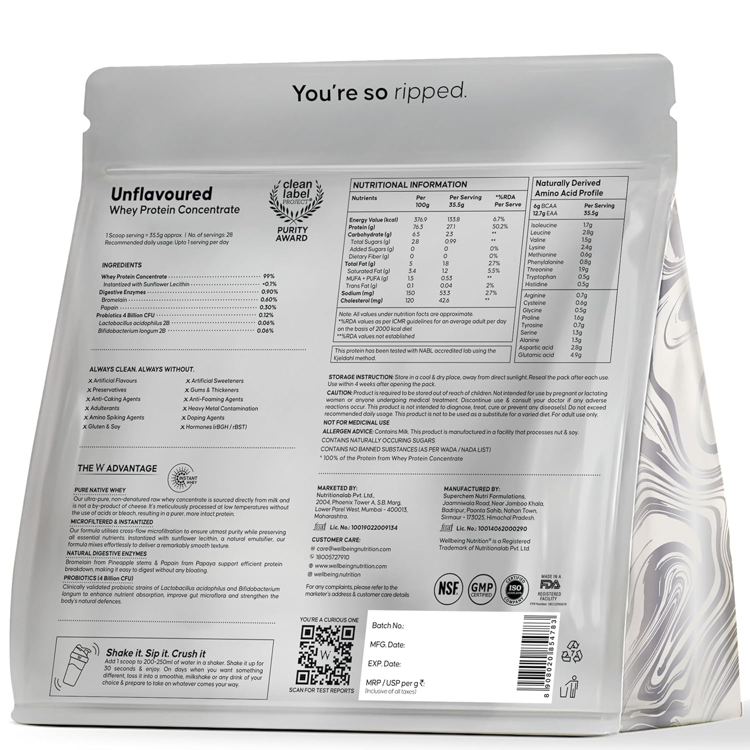 Wellbeing Nutrition Clean Whey Protein Concentrate | Unflavoured (1kg) | Svesto Verified