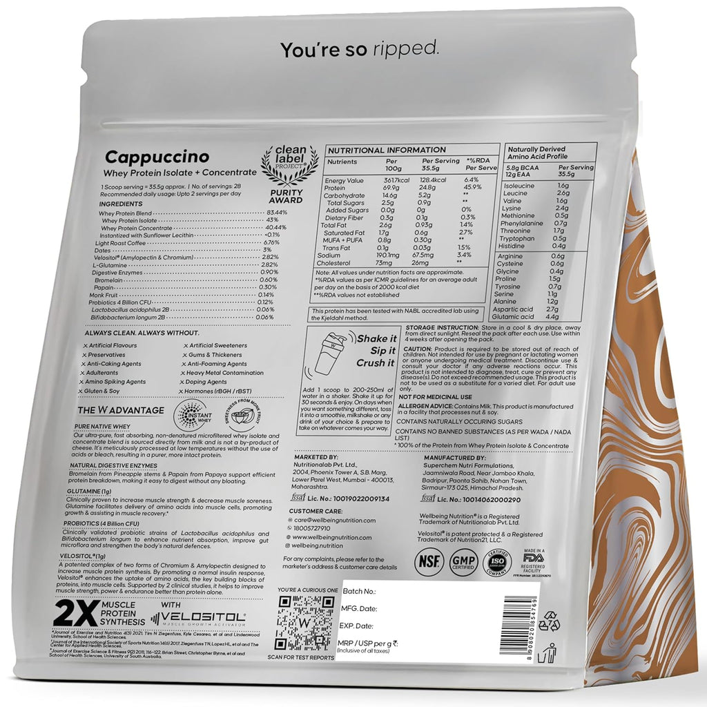 Wellbeing Nutrition Whey Protein Isolate + Concentrate | 1kg | Cappuccino | Svesto Verified
