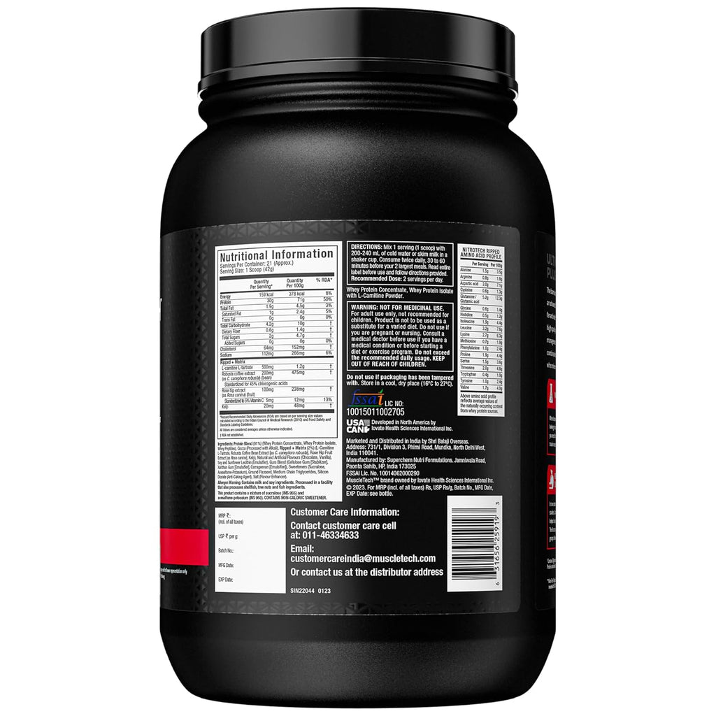 MuscleTech Nitro-Tech Ripped Whey Protein | Chocolate Fudge Brownie (2lbs / 907g) | Svesto Verified