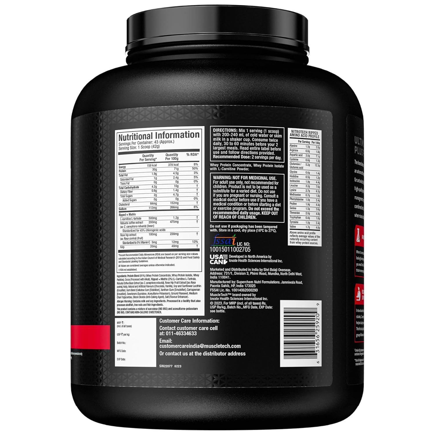 MuscleTech Nitro-Tech Ripped Whey Protein | Chocolate Fudge Brownie (4lbs / 1.81kg) | Svesto Verified