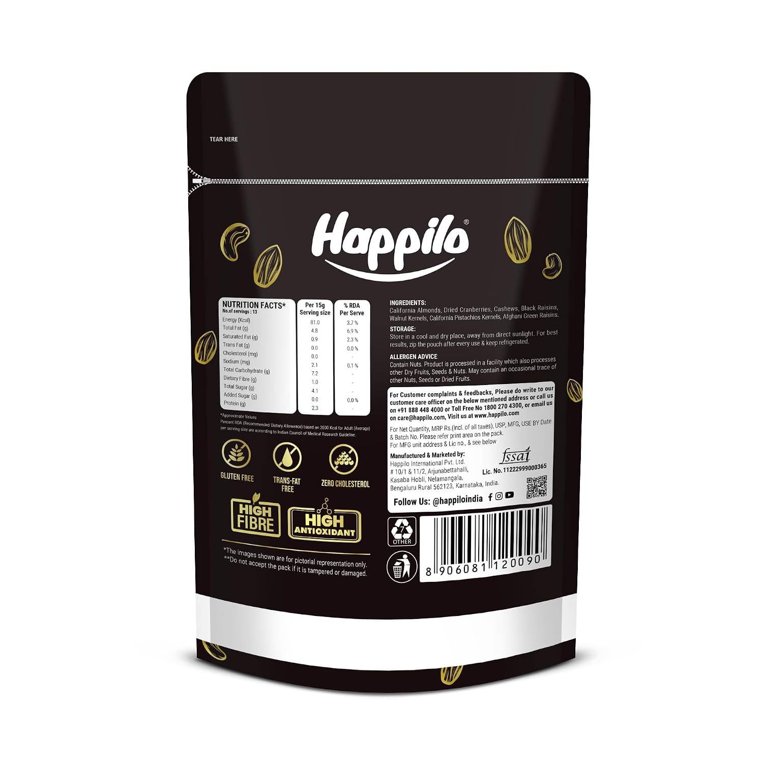 Happilo Premium International Healthy Nutmix, 200g | 7 Superfoods in 1 Mixes | Dry Fruits Contains Almonds, Cashews, Walnuts, Pistachios, Cranberries, Green & Black Raisins | Svesto Verified