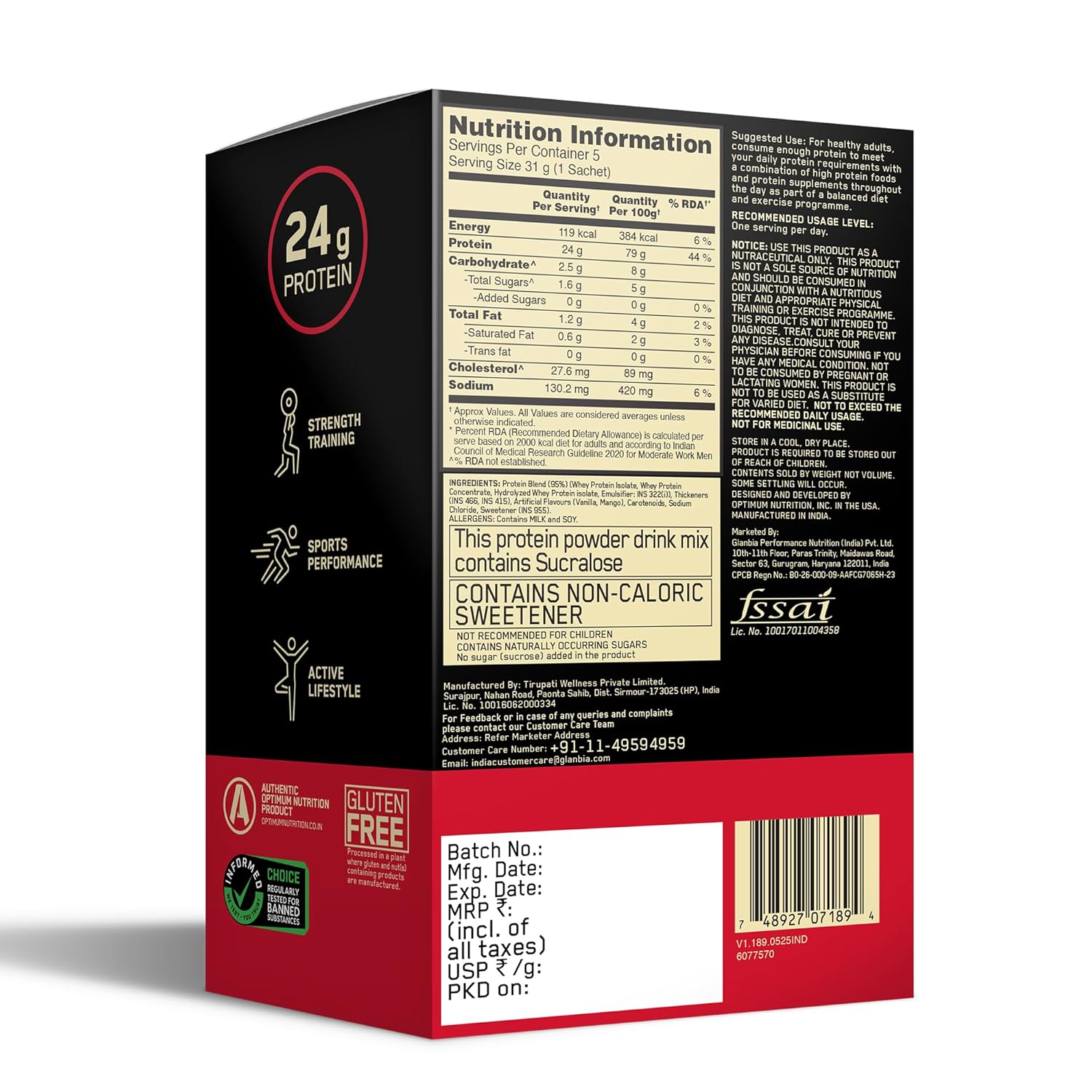 Optimum Nutrition (ON) Gold Standard 100% Whey Protein - 5 Trial Sachets (155g) | Alphonso Mango | Svesto Verified