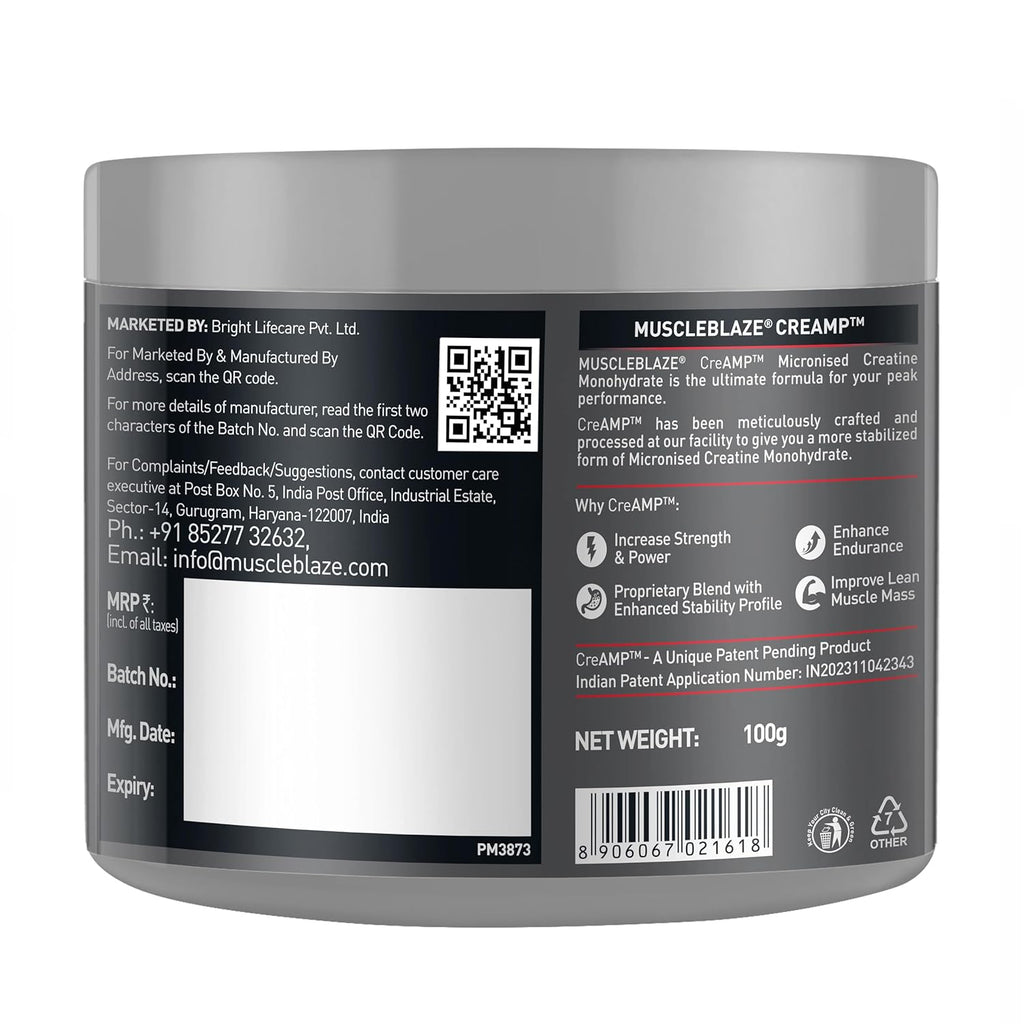 MuscleBlaze Creatine Monohydrate CreAMP | Unflavoured (100g) | Svesto Verified