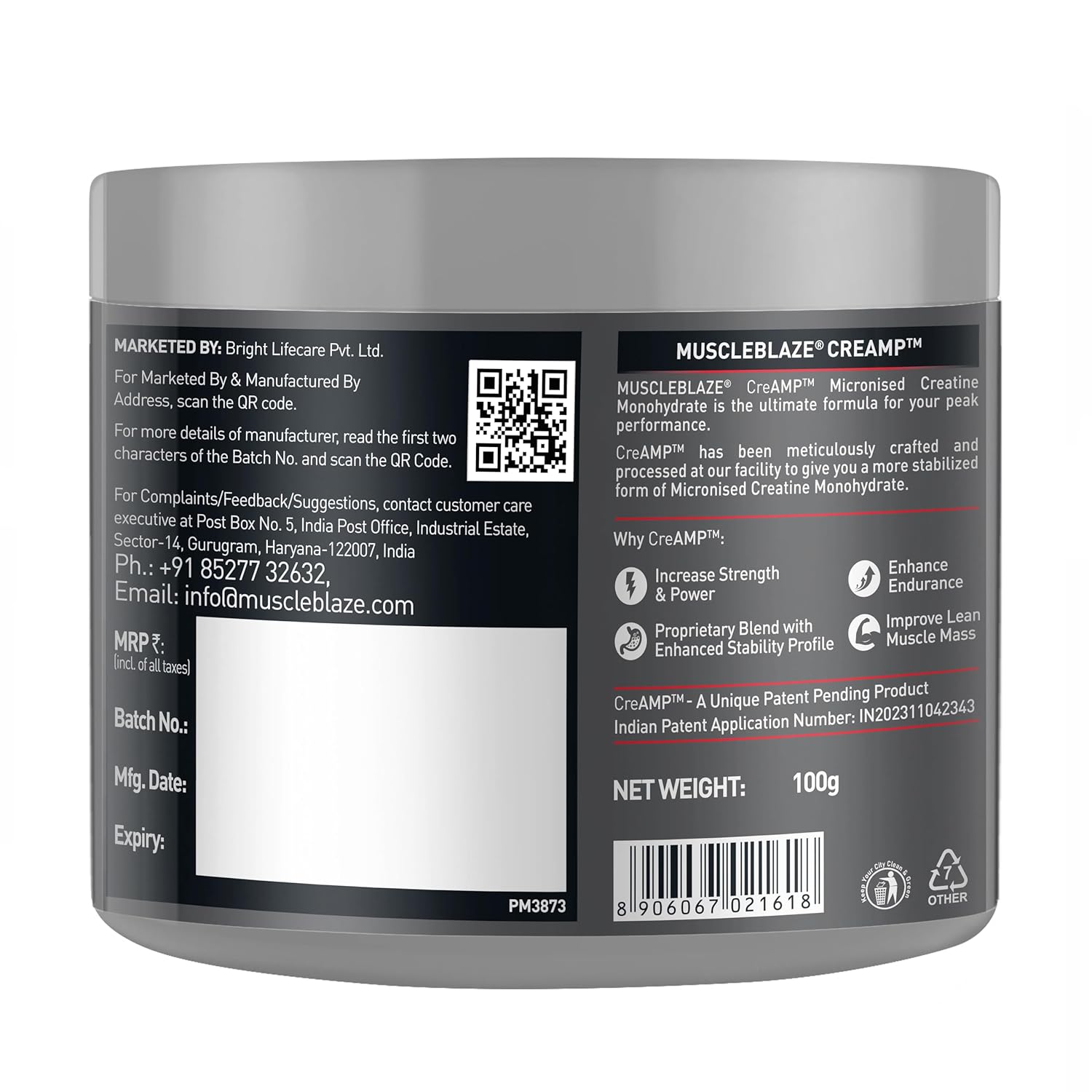 MuscleBlaze Creatine Monohydrate CreAMP | Unflavoured (100g) | Svesto Verified
