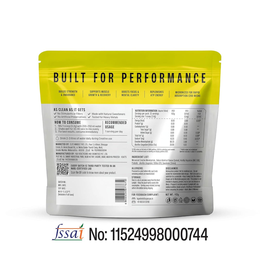 SuperYou Pro Micronised Creatine Monohydrate | 112g (33 Servings) | Zesty Lemon | Svesto Verified