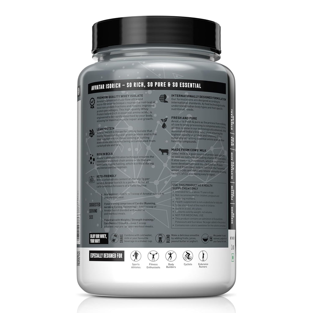 Avvatar ISORICH Whey Protein Isolate - 1kg (2.2 lb) | Belgian Chocolate | Svesto Verified