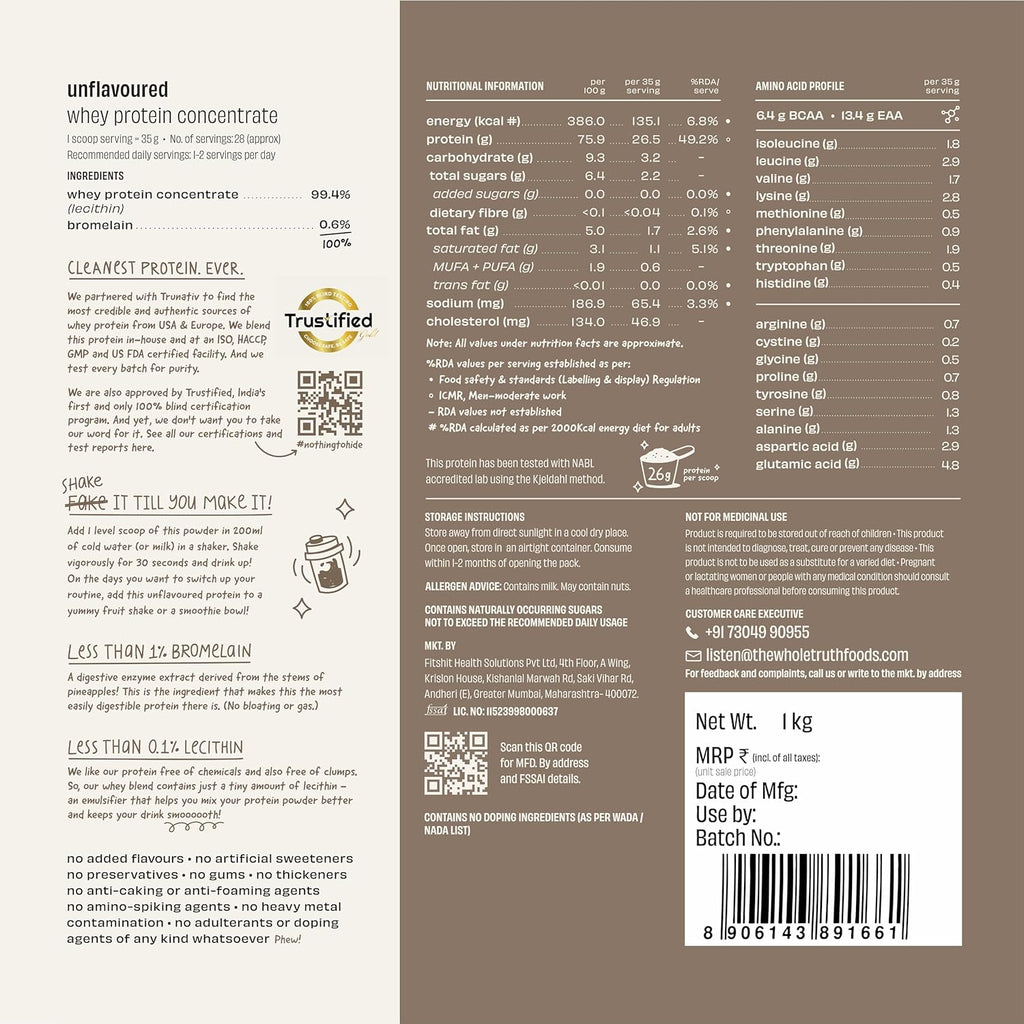 The Whole Truth Raw Whey Protein Concentrate | Unflavoured (1 kg) | Svesto Verified