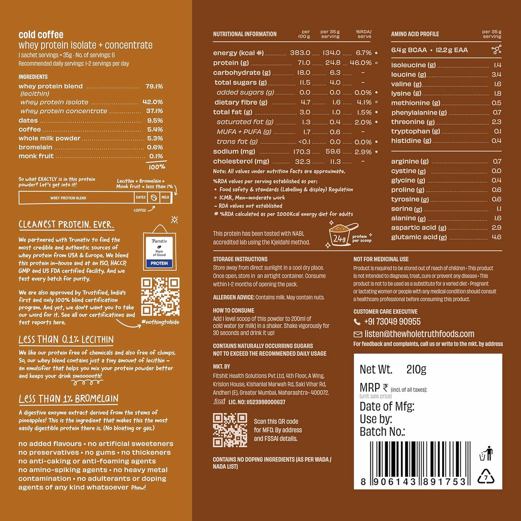 The Whole Truth Whey Protein Blend | Travel Pack (6 Sachets) | Cold Coffee | Svesto Verified