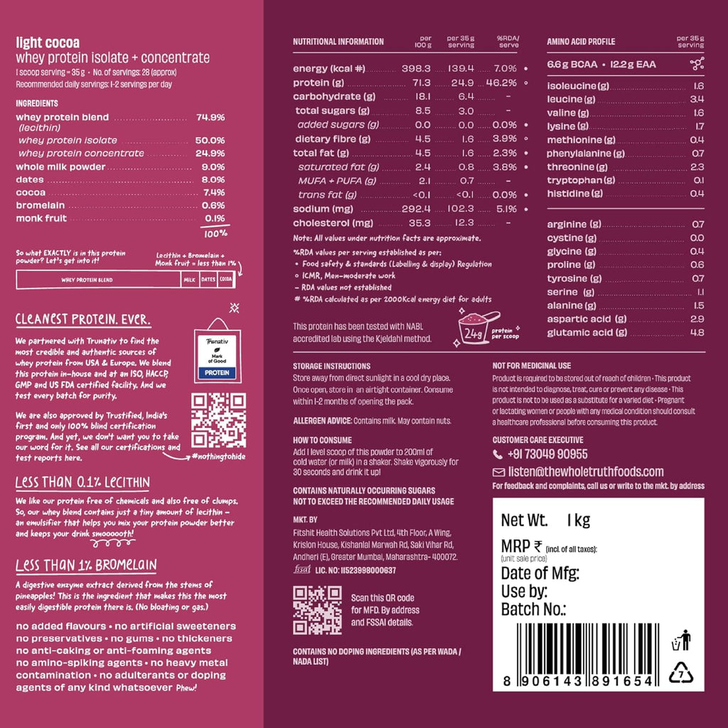 The Whole Truth Whey Protein Isolate + Concentrate | Light Cocoa (1 kg) | Svesto Verified