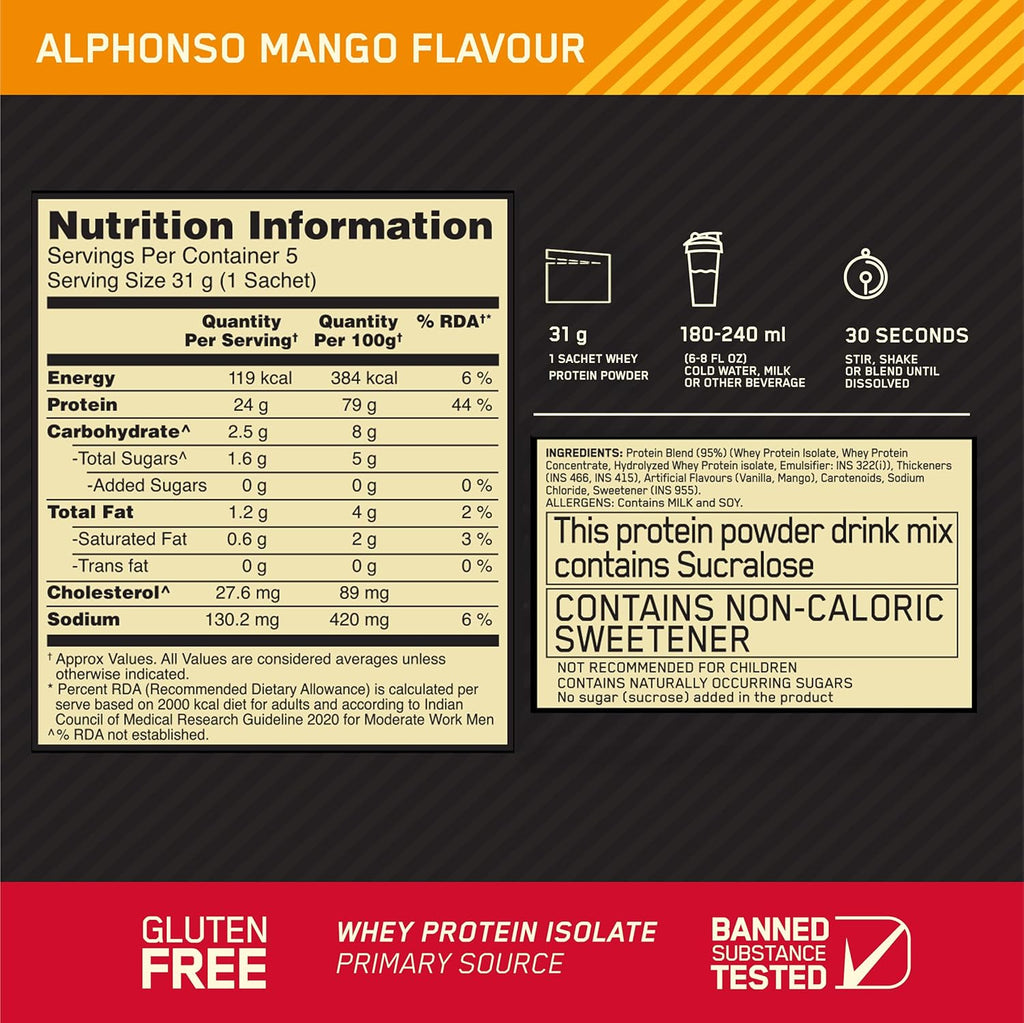 Optimum Nutrition (ON) Gold Standard 100% Whey Protein - 5 Trial Sachets (155g) | Alphonso Mango | Svesto Verified