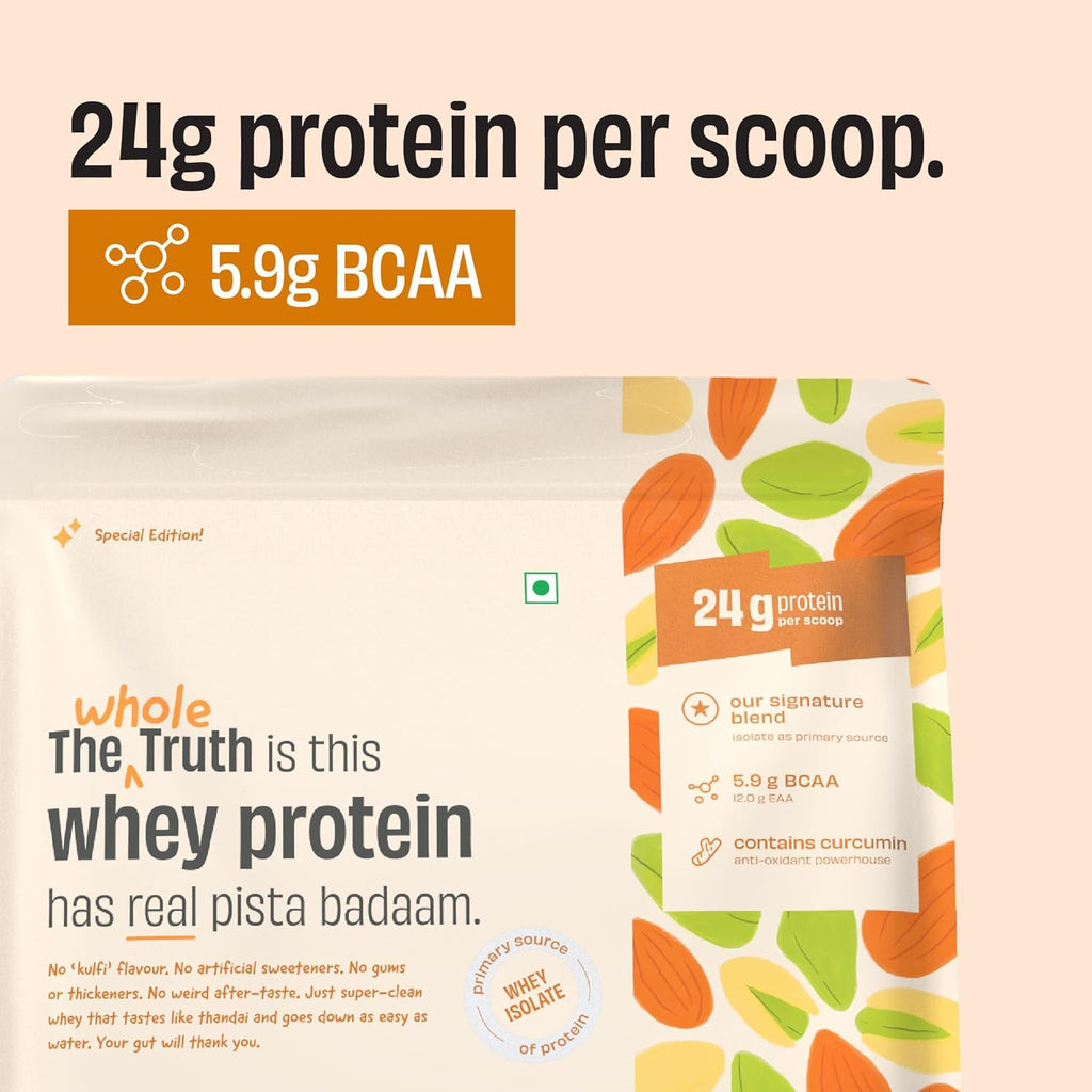 The Whole Truth Whey Protein Isolate + Concentrate - 1kg | Pista Badaam Shake | Svesto Verified