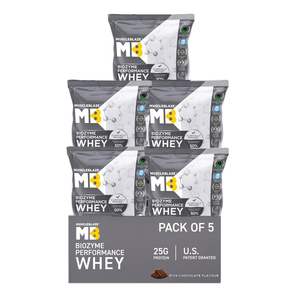 MuscleBlaze Biozyme Performance Whey | Travel Pack (5 x 36g Sachets) | Rich Chocolate | Svesto Verified