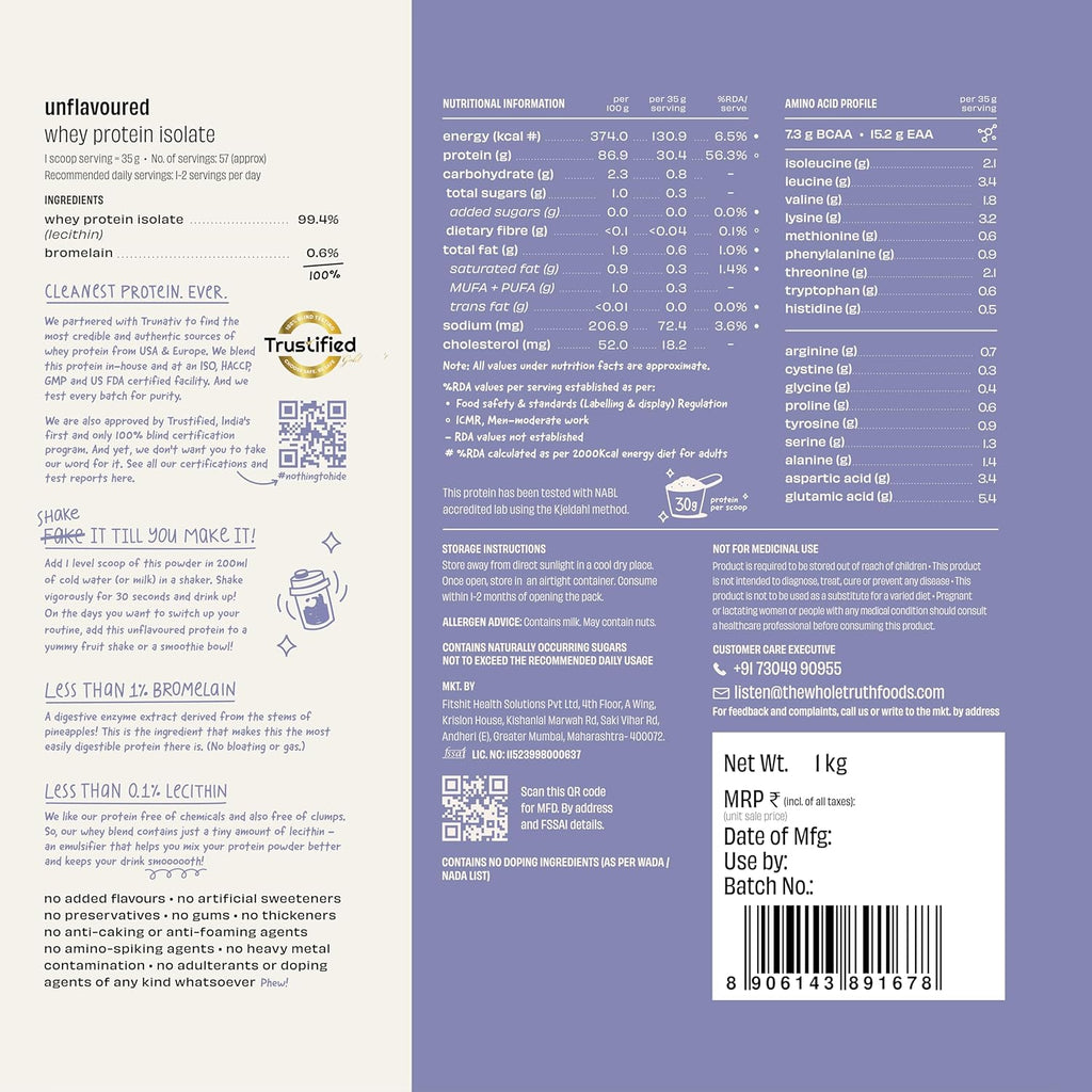 The Whole Truth Raw Whey Protein Isolate | Unflavoured (1 kg) | Svesto Verified