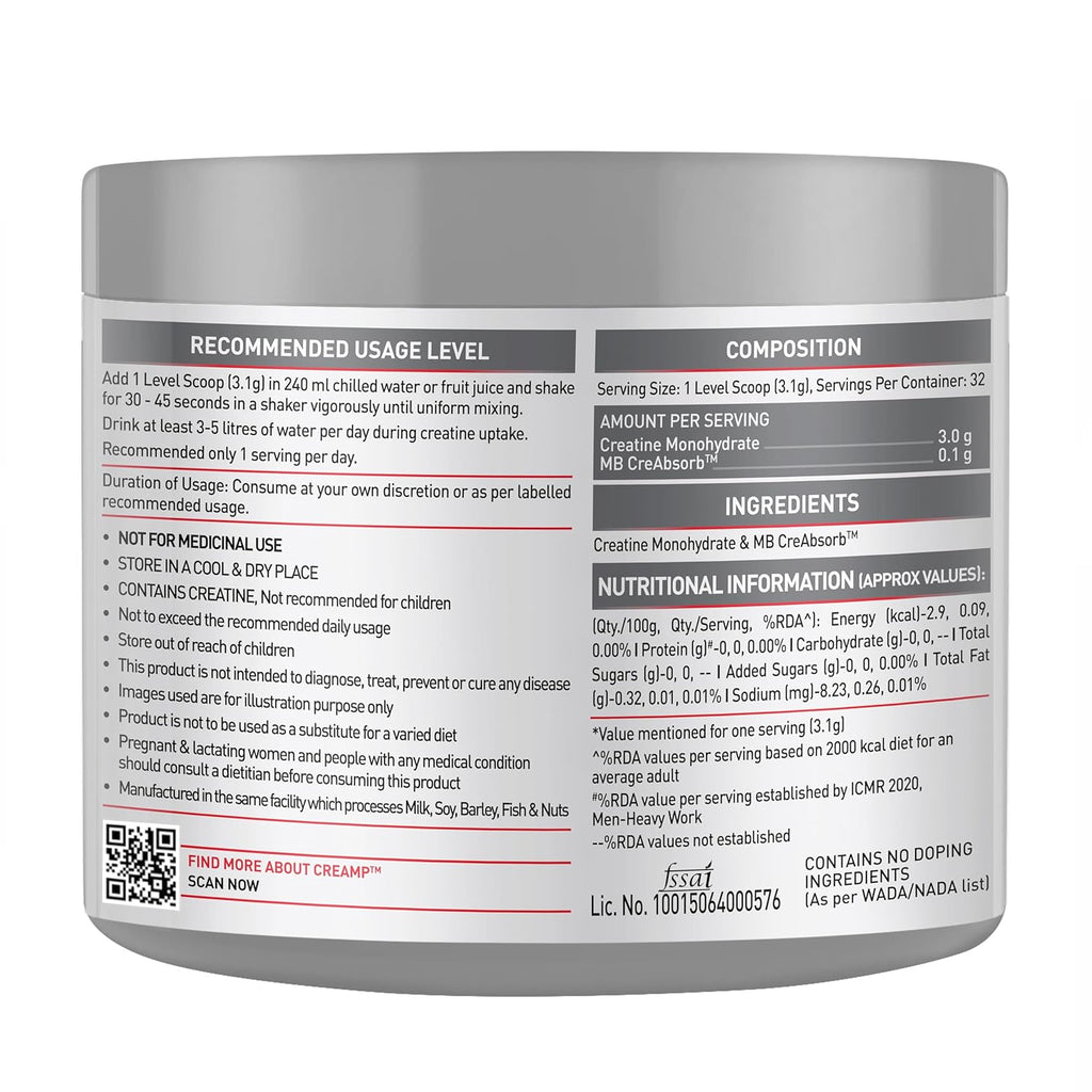 MuscleBlaze Creatine Monohydrate CreAMP | Unflavoured (100g) | Svesto Verified