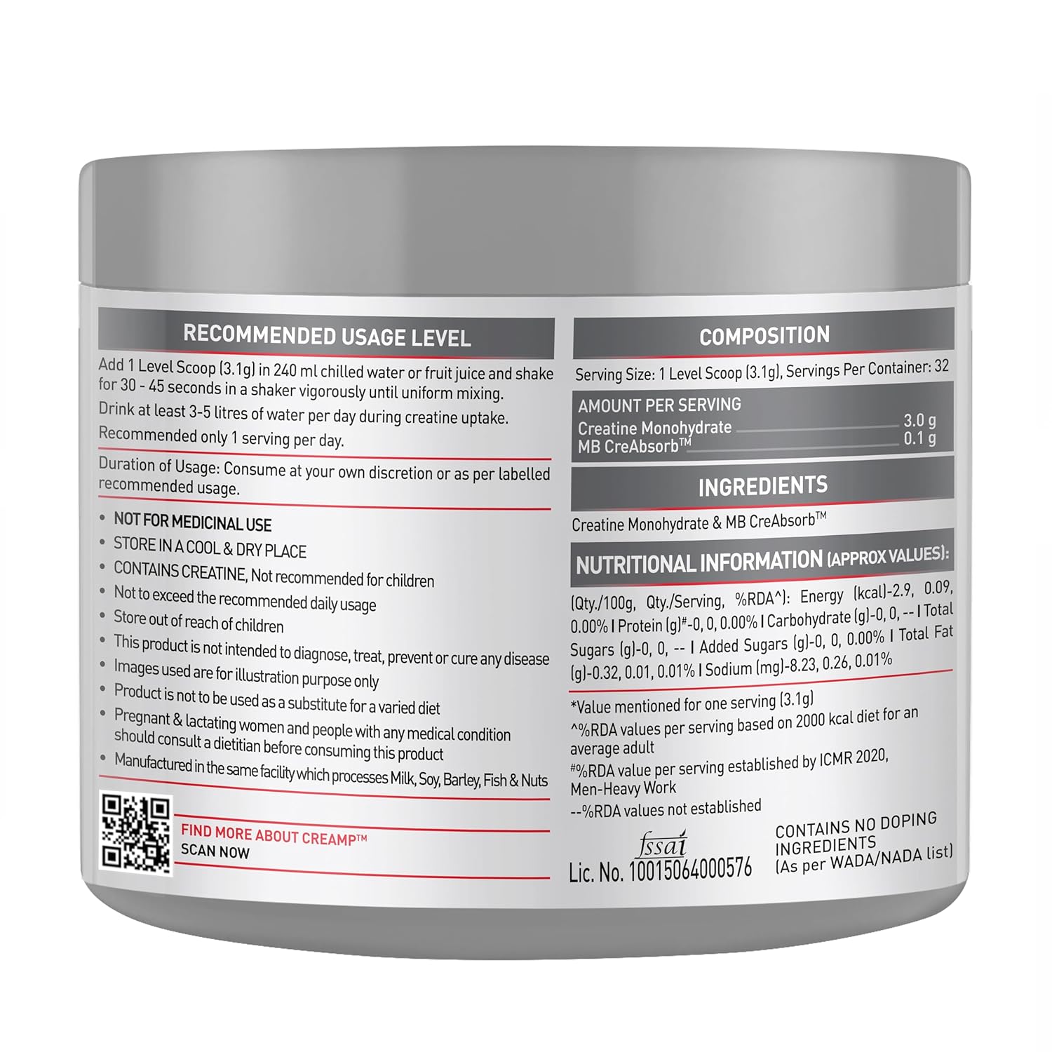 MuscleBlaze Creatine Monohydrate CreAMP | Unflavoured (100g) | Svesto Verified