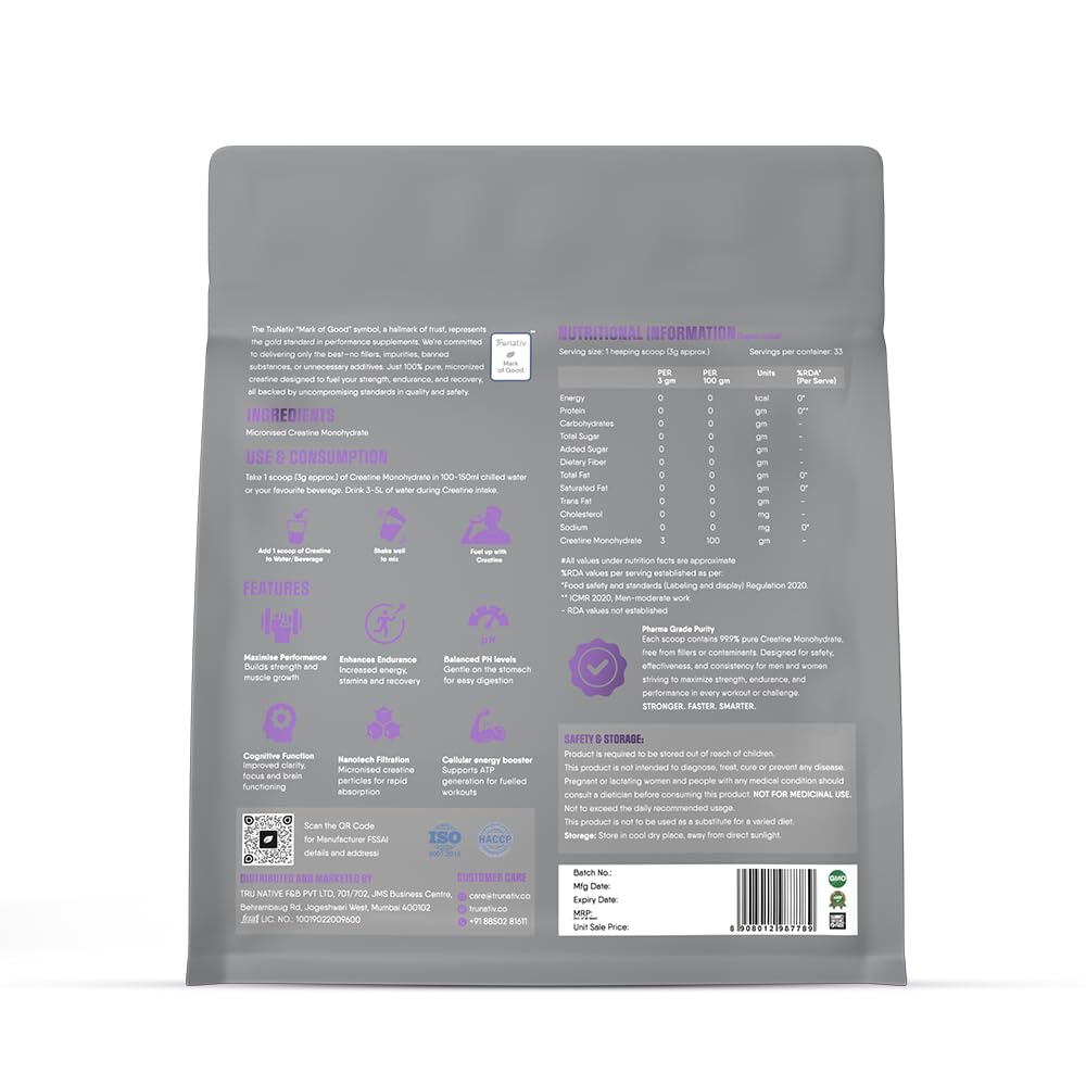 TruNativ Pure Micronised Creatine Monohydrate | 100g (33 Servings) | Unflavoured | Svesto Verified
