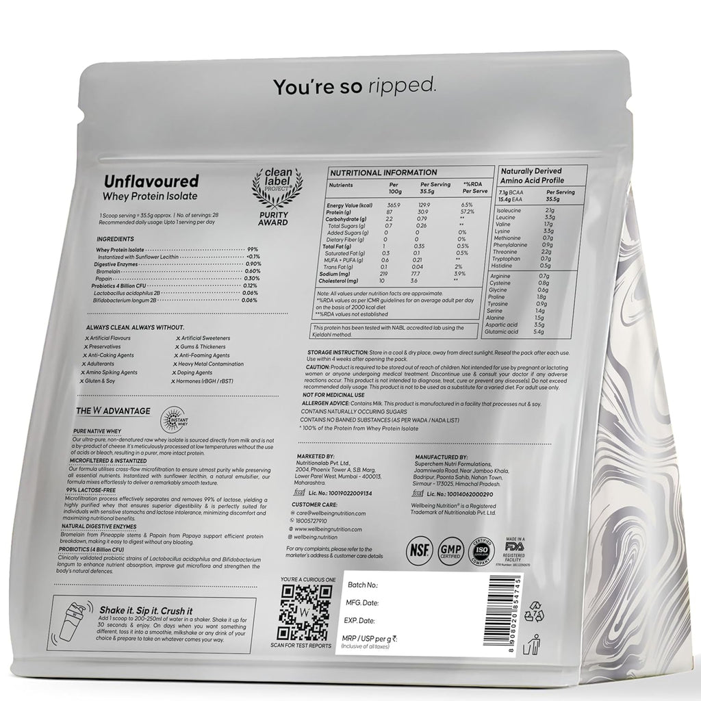 Wellbeing Nutrition Clean Whey Protein Isolate | Unflavoured (1kg) | Svesto Verified